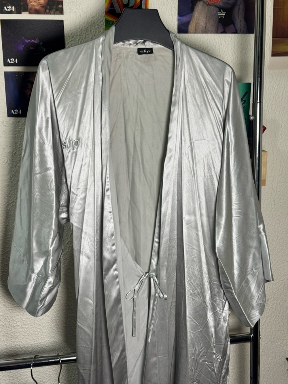 Slip Silk Robe Silver Slipsilk Wrap Robe One Size Rare Color - Picture 3 of 9